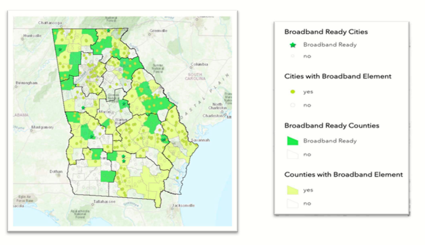 Communities that have received the Broadband Ready designation and those that have made progress on adding broadband elements to their comprehensive plans