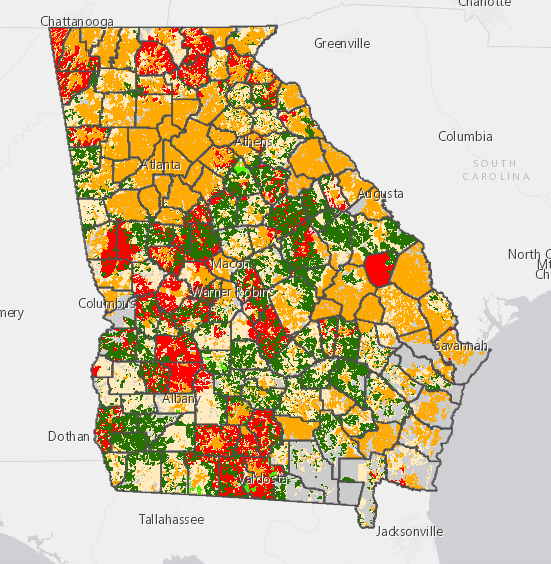 ARPA preliminary grant project areas (ARPA projects in red, RDOF projects in green)