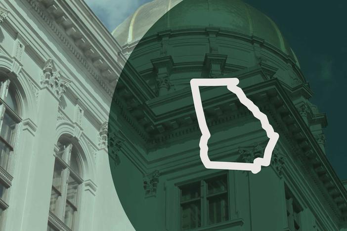 Outline of the state of Georgia in front of the state capitol building.