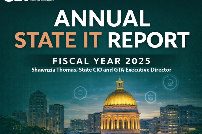 An image of the Atlanta skyline and the State Capitol surrounded by floating technology graphic elements.